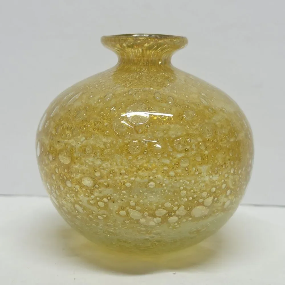 Vintage 70s MDINA Bubble Glass Globe Vase Yellow Ochre By Michael Harris Malta